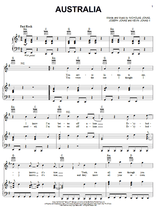 Learn to play Jonas Brothers Australia sheet music for Piano, Vocal & Guitar Chords (Right-Hand Melody) in minutes. Price: 7.8900$ Jonas Brothers Australia sheet music notes and chords arranged for Piano, Vocal & Guitar Chords (Right-Hand Melody)