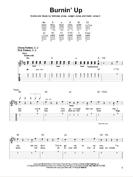 Jonas Brothers Burnin' Up sheet music notes and chords. Download Printable PDF.