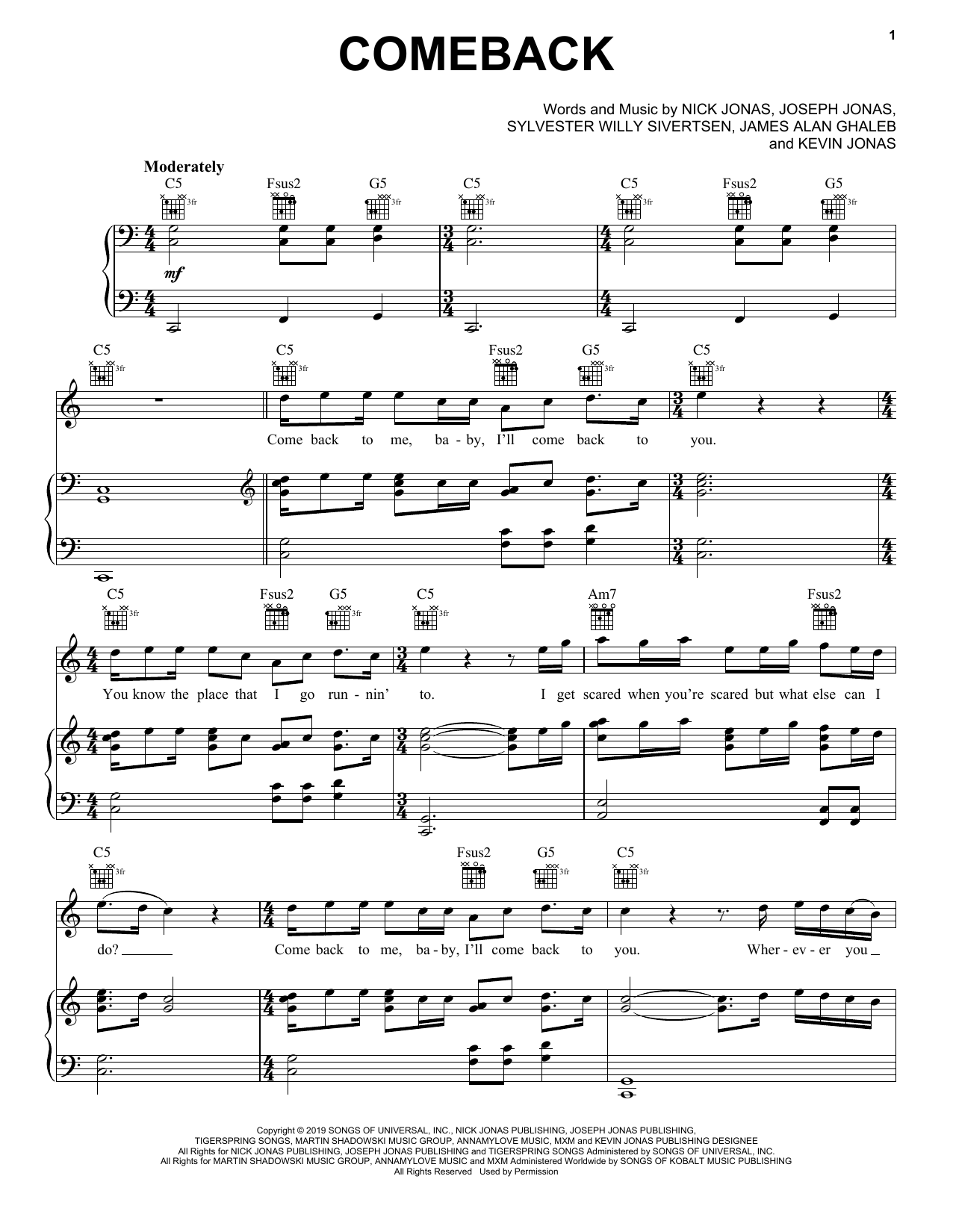 Jonas Brothers Comeback sheet music notes and chords. Download Printable PDF.