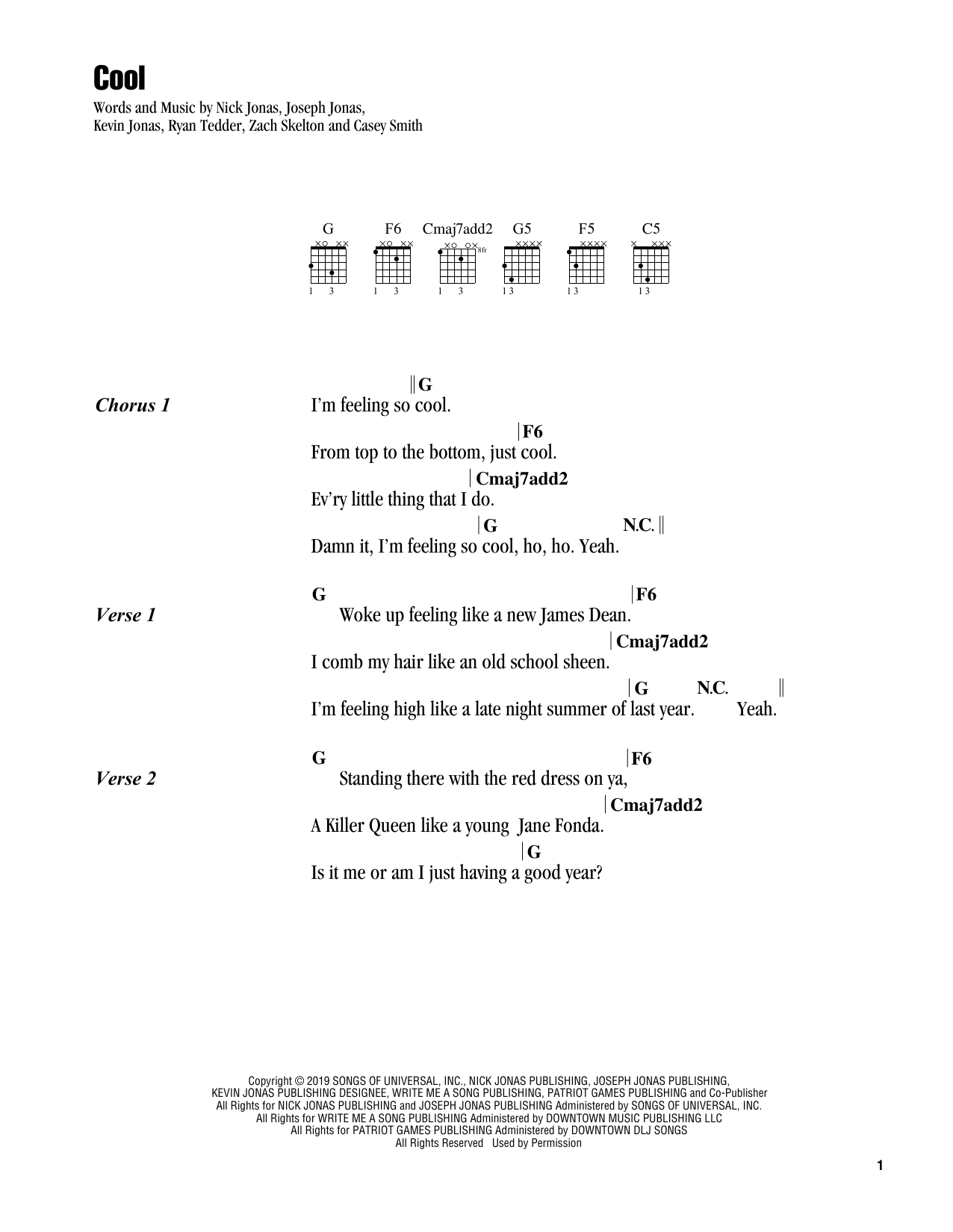 Jonas Brothers Cool sheet music notes and chords arranged for Guitar Chords/Lyrics