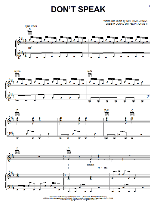 Learn to play Jonas Brothers Don't Speak sheet music for Piano, Vocal & Guitar Chords (Right-Hand Melody) in minutes. Price: 7.8900$ Jonas Brothers Don't Speak sheet music notes and chords arranged for Piano, Vocal & Guitar Chords (Right-Hand Melody)