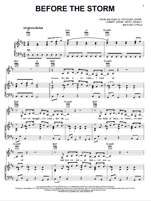 Jonas Brothers Before The Storm (feat. Miley Cyrus) sheet music notes and chords arranged for Piano, Vocal & Guitar Chords (Right-Hand Melody)