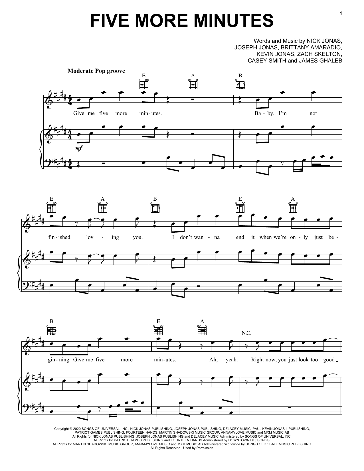 Learn to play Jonas Brothers Five More Minutes sheet music for Piano, Vocal & Guitar Chords (Right-Hand Melody) in minutes. Price: 6.9900$ Jonas Brothers Five More Minutes sheet music notes and chords arranged for Piano, Vocal & Guitar Chords (Right-Hand Melody)