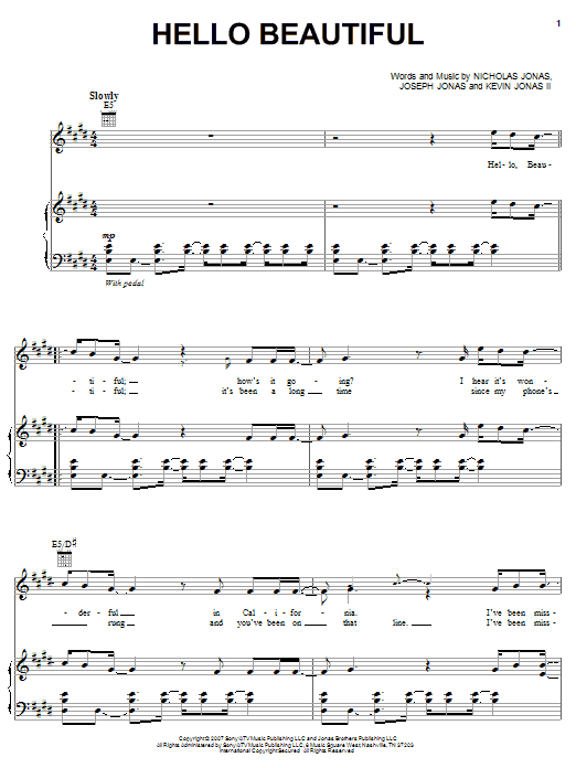 Learn to play Jonas Brothers Hello Beautiful sheet music for Piano, Vocal & Guitar Chords (Right-Hand Melody) in minutes. Price: 7.8900$ Jonas Brothers Hello Beautiful sheet music notes and chords arranged for Piano, Vocal & Guitar Chords (Right-Hand Melody)