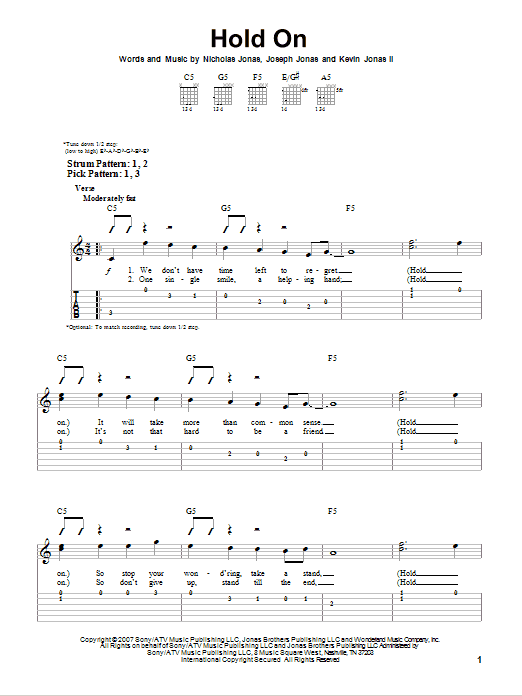 Jonas Brothers Hold On sheet music notes and chords. Download Printable PDF.