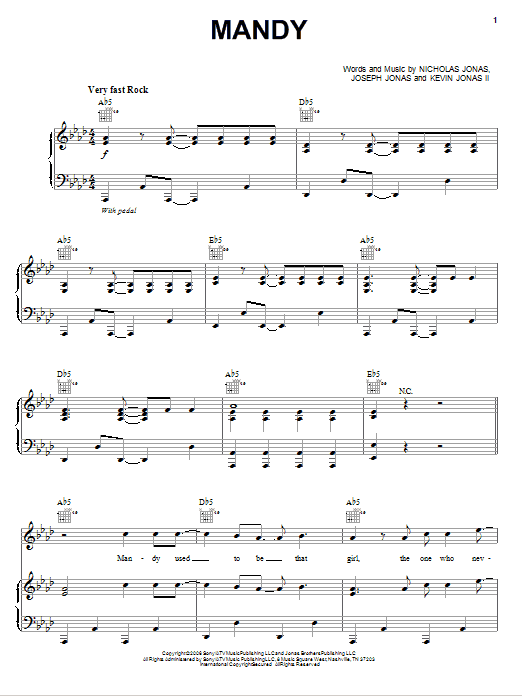 Learn to play Jonas Brothers Mandy sheet music for Piano, Vocal & Guitar Chords (Right-Hand Melody) in minutes. Price: 7.8900$ Jonas Brothers Mandy sheet music notes and chords arranged for Piano, Vocal & Guitar Chords (Right-Hand Melody)