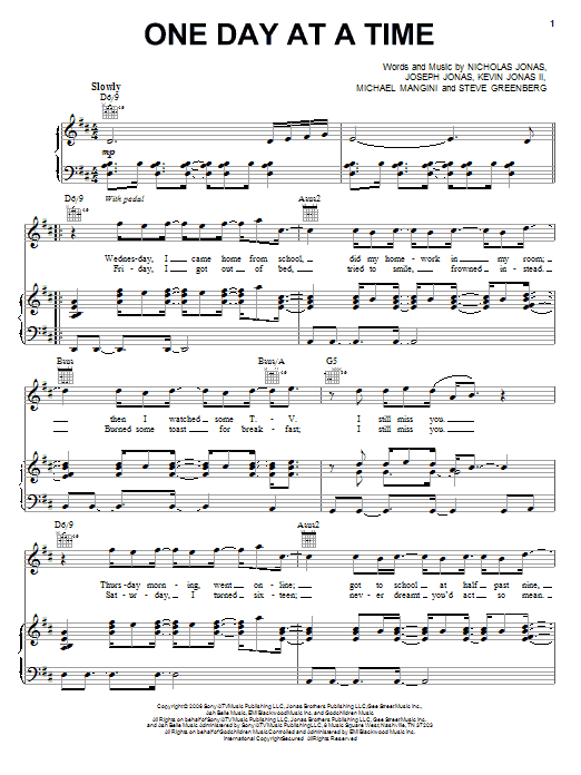 Learn to play Jonas Brothers One Day At A Time sheet music for Piano, Vocal & Guitar Chords (Right-Hand Melody) in minutes. Price: 7.8900$ Jonas Brothers One Day At A Time sheet music notes and chords arranged for Piano, Vocal & Guitar Chords (Right-Hand Melody)