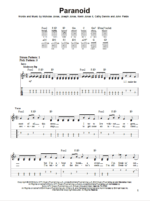 Jonas Brothers Paranoid sheet music notes and chords. Download Printable PDF.