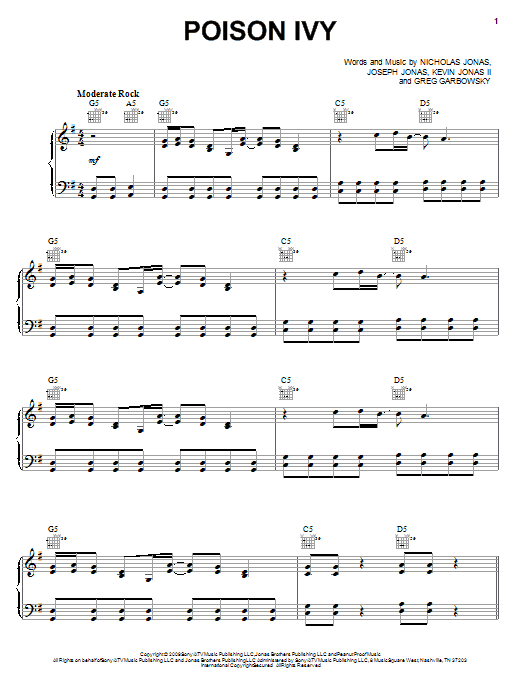 Learn to play Jonas Brothers Poison Ivy sheet music for Piano, Vocal & Guitar Chords (Right-Hand Melody) in minutes. Price: 7.8900$ Jonas Brothers Poison Ivy sheet music notes and chords arranged for Piano, Vocal & Guitar Chords (Right-Hand Melody)
