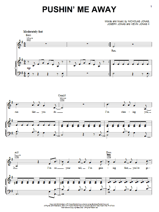 Jonas Brothers Pushin' Me Away sheet music notes and chords arranged for Piano, Vocal & Guitar Chords (Right-Hand Melody)