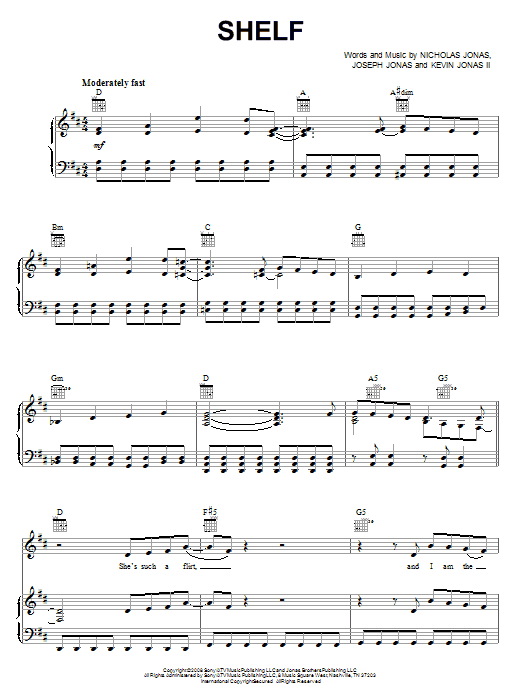 Learn to play Jonas Brothers Shelf sheet music for Piano, Vocal & Guitar Chords (Right-Hand Melody) in minutes. Price: 7.8900$ Jonas Brothers Shelf sheet music notes and chords arranged for Piano, Vocal & Guitar Chords (Right-Hand Melody)