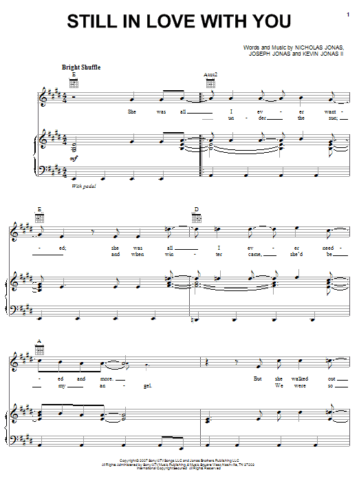 Learn to play Jonas Brothers Still In Love With You sheet music for Piano, Vocal & Guitar Chords (Right-Hand Melody) in minutes. Price: 7.8900$ Jonas Brothers Still In Love With You sheet music notes and chords arranged for Piano, Vocal & Guitar Chords (Right-Hand Melody)