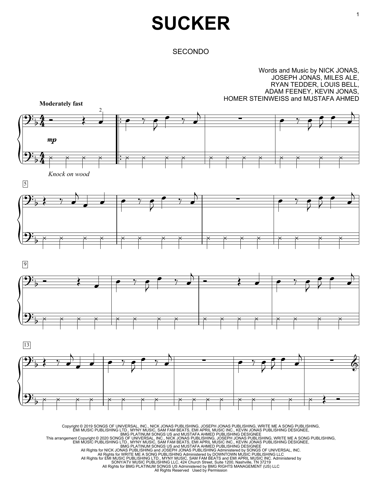 Learn to play Jonas Brothers Sucker (arr. David Pearl) sheet music for Piano Duet in minutes. Price: 7.8900$ Jonas Brothers Sucker (arr. David Pearl) sheet music notes and chords arranged for Piano Duet