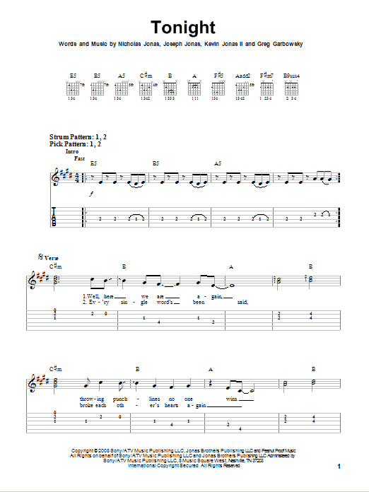 Jonas Brothers Tonight sheet music notes and chords. Download Printable PDF.