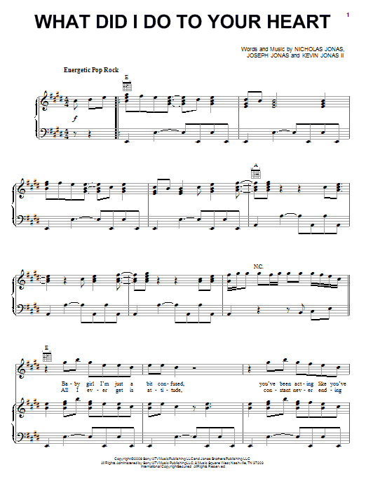 Learn to play Jonas Brothers What Did I Do To Your Heart sheet music for Piano, Vocal & Guitar Chords (Right-Hand Melody) in minutes. Price: 7.8900$ Jonas Brothers What Did I Do To Your Heart sheet music notes and chords arranged for Piano, Vocal & Guitar Chords (Right-Hand Melody)