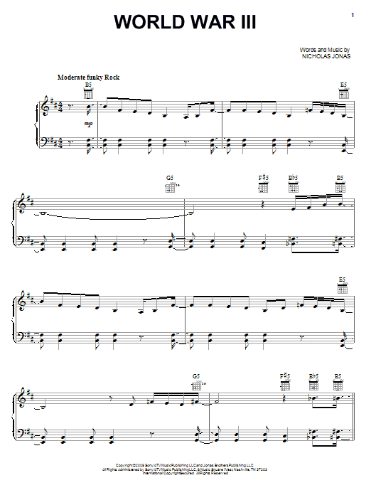 Learn to play Jonas Brothers World War III sheet music for Piano, Vocal & Guitar Chords (Right-Hand Melody) in minutes. Price: 7.8900$ Jonas Brothers World War III sheet music notes and chords arranged for Piano, Vocal & Guitar Chords (Right-Hand Melody)