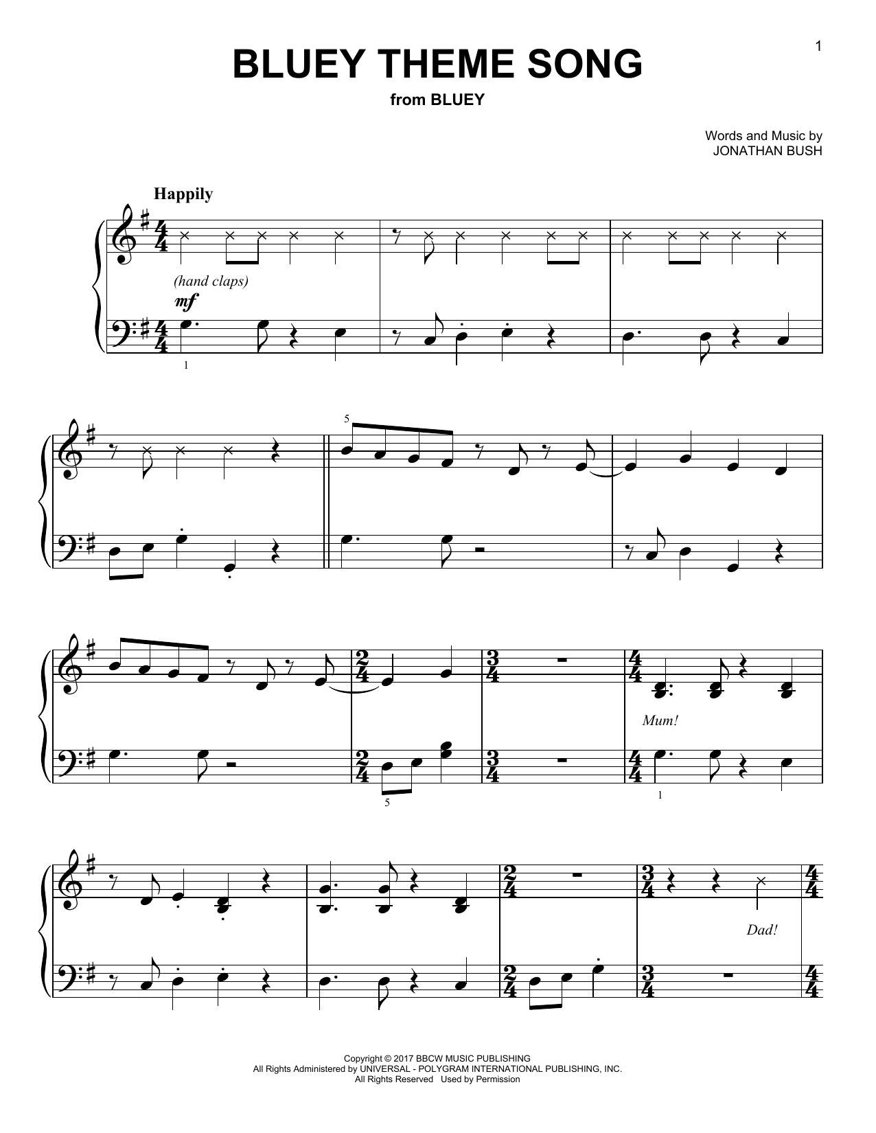 Jonathan Bush Bluey Theme Song sheet music notes and chords. Download Printable PDF.