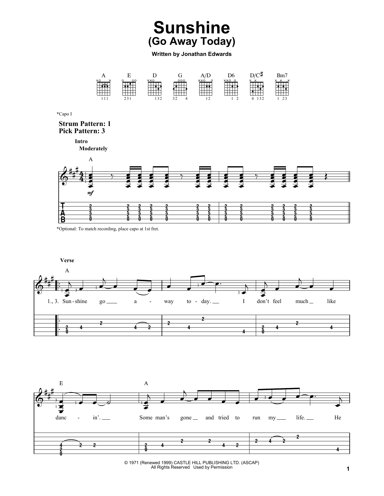 Jonathan Edwards Sunshine (Go Away Today) sheet music notes and chords. Download Printable PDF.