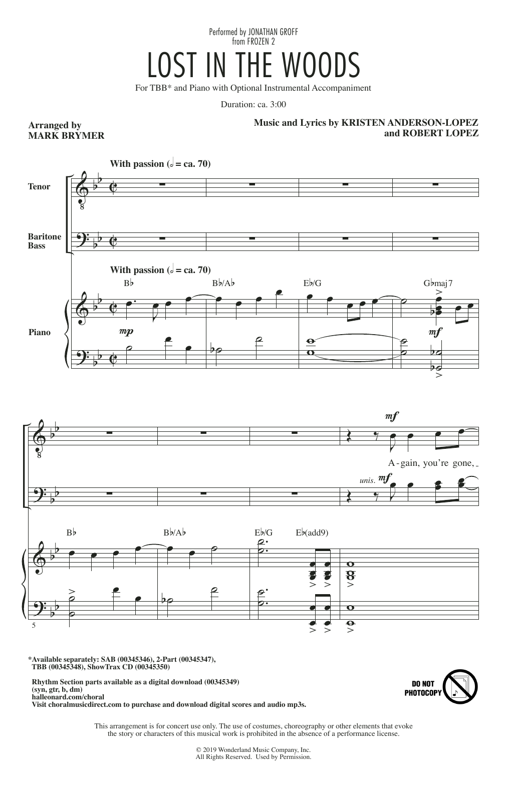 Jonathan Groff Lost In The Woods (from Disney's Frozen 2) (arr. Mark Brymer) sheet music notes and chords. Download Printable PDF.