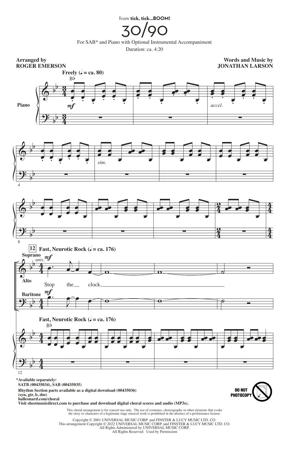 Jonathan Larson 30/90 (from tick, tick... BOOM!) (arr. Roger Emerson) sheet music notes and chords. Download Printable PDF.