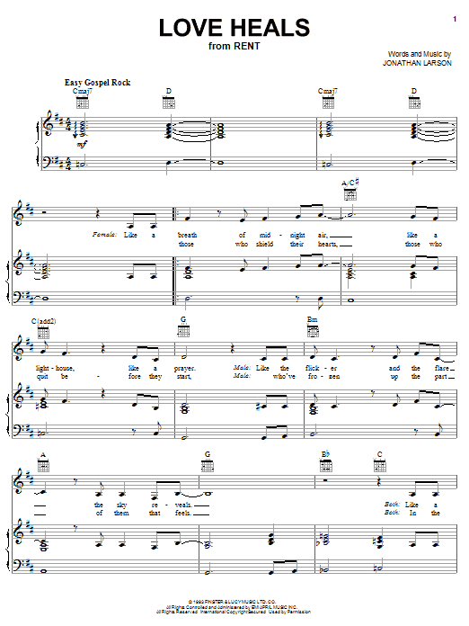 Learn to play Jonathan Larson Love Heals sheet music for Piano, Vocal & Guitar Chords (Right-Hand Melody) in minutes. Price: 7.8900$ Jonathan Larson Love Heals sheet music notes and chords arranged for Piano, Vocal & Guitar Chords (Right-Hand Melody)