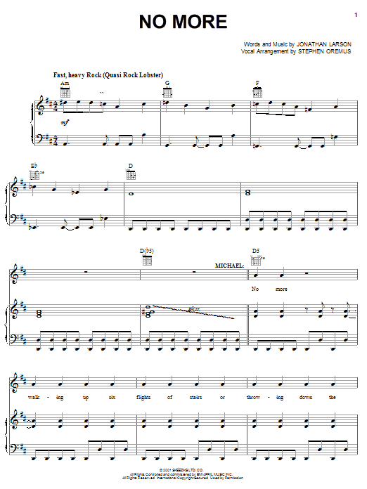 Learn to play Jonathan Larson No More sheet music for Piano, Vocal & Guitar Chords (Right-Hand Melody) in minutes. Price: 7.8900$ Jonathan Larson No More sheet music notes and chords arranged for Piano, Vocal & Guitar Chords (Right-Hand Melody)
