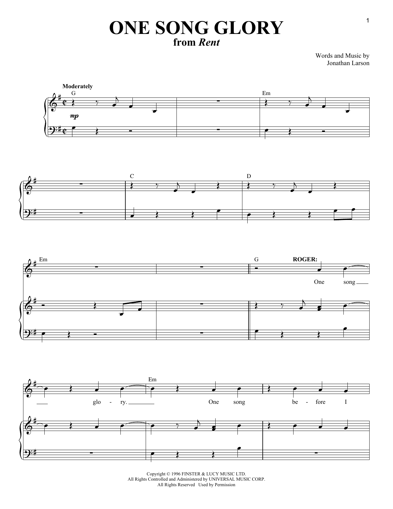 Jonathan Larson One Song Glory sheet music notes and chords. Download Printable PDF.