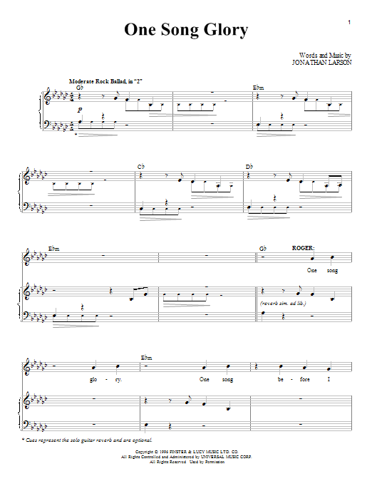 Jonathan Larson One Song Glory (from Rent) sheet music notes and chords. Download Printable PDF.