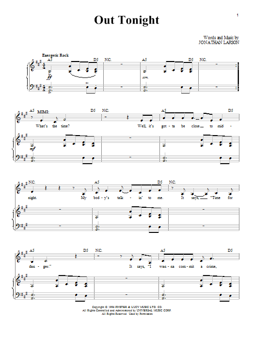 Jonathan Larson Out Tonight sheet music notes and chords. Download Printable PDF.