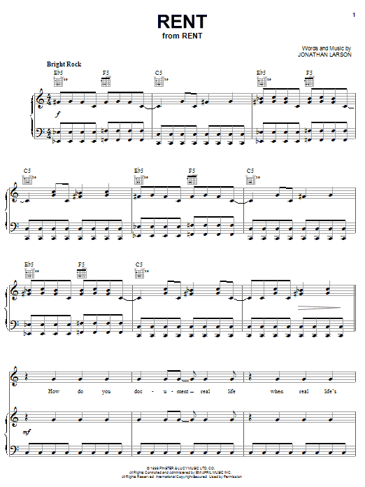 Jonathan Larson Rent sheet music notes and chords arranged for Piano & Vocal