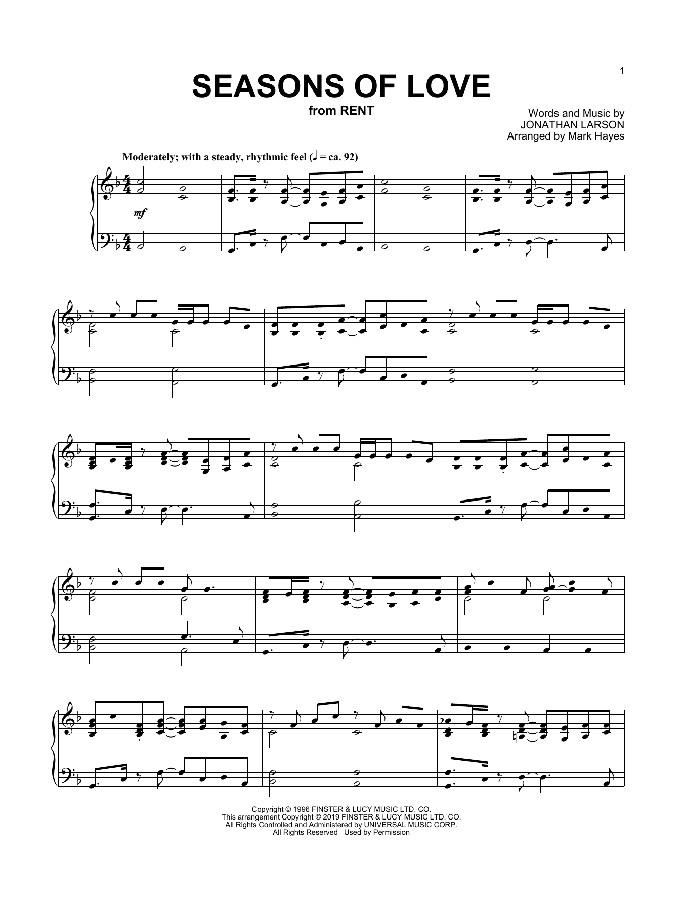 Jonathan Larson Seasons Of Love (from Rent) (arr. Mark Hayes) sheet music notes and chords. Download Printable PDF.