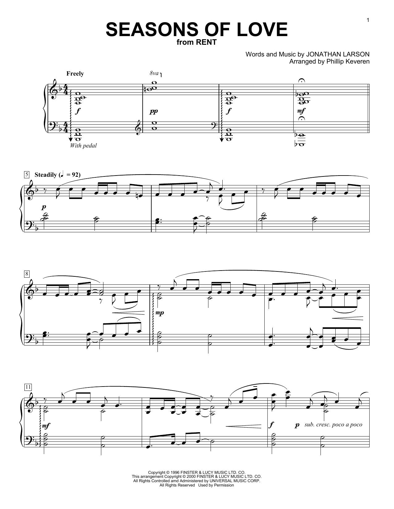 Learn to play Jonathan Larson Seasons Of Love (from Rent) (arr. Phillip Keveren) sheet music for Piano Solo in minutes. Price: 7.8900$ Jonathan Larson Seasons Of Love (from Rent) (arr. Phillip Keveren) sheet music notes and chords arranged for Piano Solo