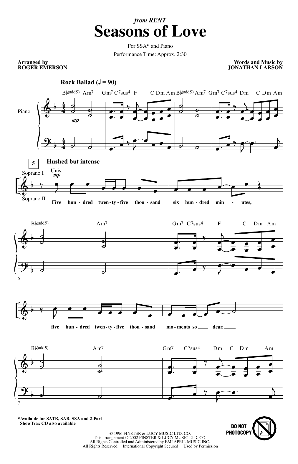 Jonathan Larson Seasons Of Love (from Rent) (arr. Roger Emerson) sheet music notes and chords. Download Printable PDF.