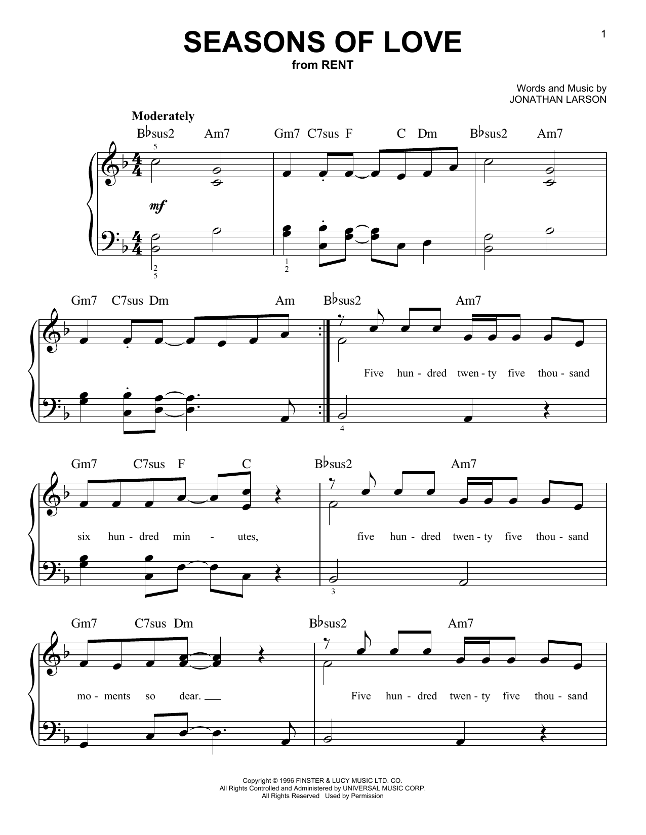 Jonathan Larson Seasons Of Love (from Rent) sheet music notes and chords. Download Printable PDF.