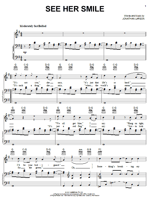 Learn to play Jonathan Larson See Her Smile sheet music for Piano, Vocal & Guitar Chords (Right-Hand Melody) in minutes. Price: 7.8900$ Jonathan Larson See Her Smile sheet music notes and chords arranged for Piano, Vocal & Guitar Chords (Right-Hand Melody)