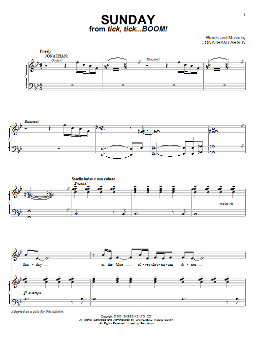 Learn to play Jonathan Larson Sunday sheet music for Piano, Vocal & Guitar Chords (Right-Hand Melody) in minutes. Price: 7.8900$ Jonathan Larson Sunday sheet music notes and chords arranged for Piano, Vocal & Guitar Chords (Right-Hand Melody)