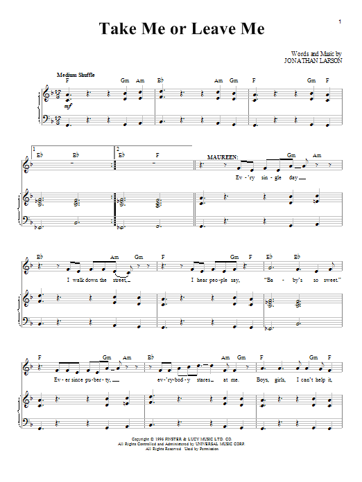 Jonathan Larson Take Me Or Leave Me sheet music notes and chords arranged for Piano & Vocal