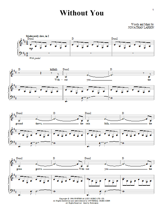 Jonathan Larson Without You sheet music notes and chords arranged for Piano & Vocal