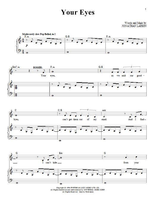 Jonathan Larson Your Eyes (from Rent) sheet music notes and chords arranged for Piano & Vocal