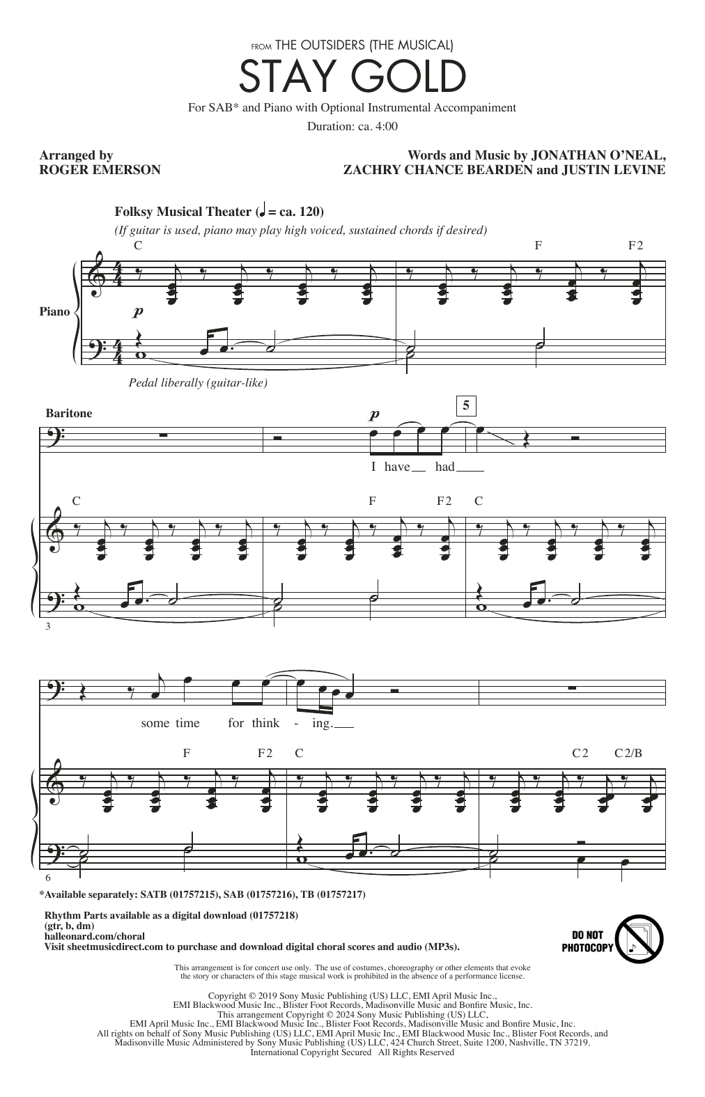 Jonathan O'Neal, Zachry Chance Bearden and Justin Levine Stay Gold (from The Outsiders) (arr. Roger Emerson) sheet music notes and chords. Download Printable PDF.