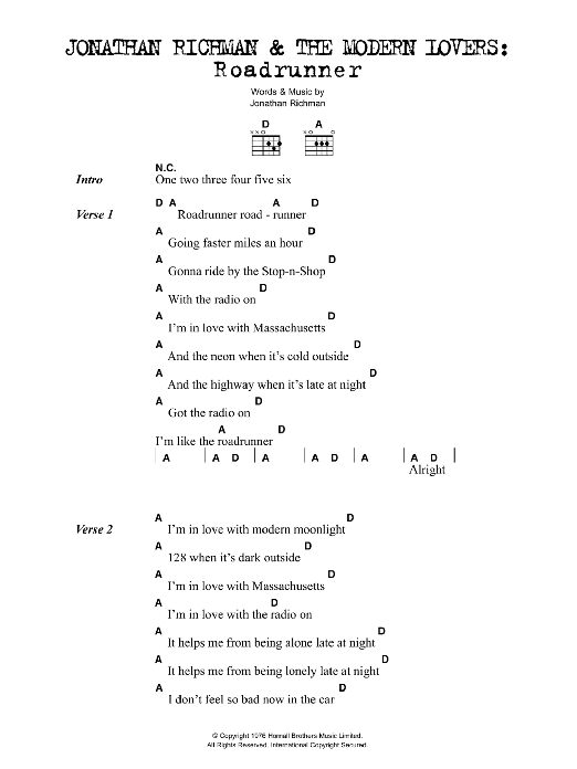 Jonathan Richman Roadrunner sheet music notes and chords. Download Printable PDF.