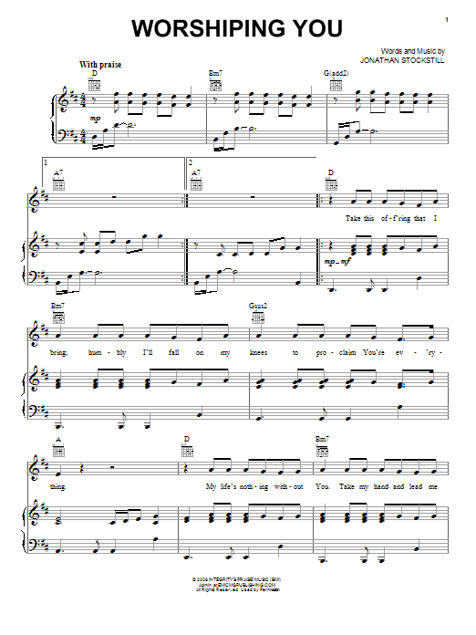 Learn to play Jonathan Stockstill Worshiping You sheet music for Piano, Vocal & Guitar Chords (Right-Hand Melody) in minutes. Price: 7.8900$ Jonathan Stockstill Worshiping You sheet music notes and chords arranged for Piano, Vocal & Guitar Chords (Right-Hand Melody)