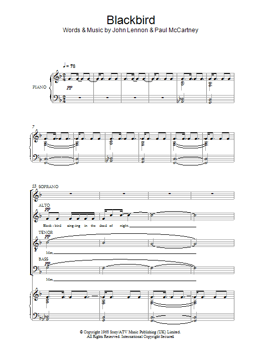 The Beatles Blackbird sheet music notes and chords arranged for SATB Choir