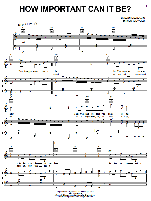 Learn to play Joni James How Important Can It Be sheet music for Piano, Vocal & Guitar Chords (Right-Hand Melody) in minutes. Price: 7.8900$ Joni James How Important Can It Be sheet music notes and chords arranged for Piano, Vocal & Guitar Chords (Right-Hand Melody)
