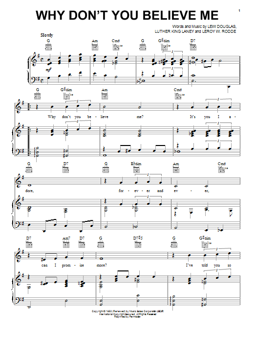 Learn to play Joni James Why Don't You Believe Me sheet music for Piano, Vocal & Guitar Chords (Right-Hand Melody) in minutes. Price: 7.8900$ Joni James Why Don't You Believe Me sheet music notes and chords arranged for Piano, Vocal & Guitar Chords (Right-Hand Melody)