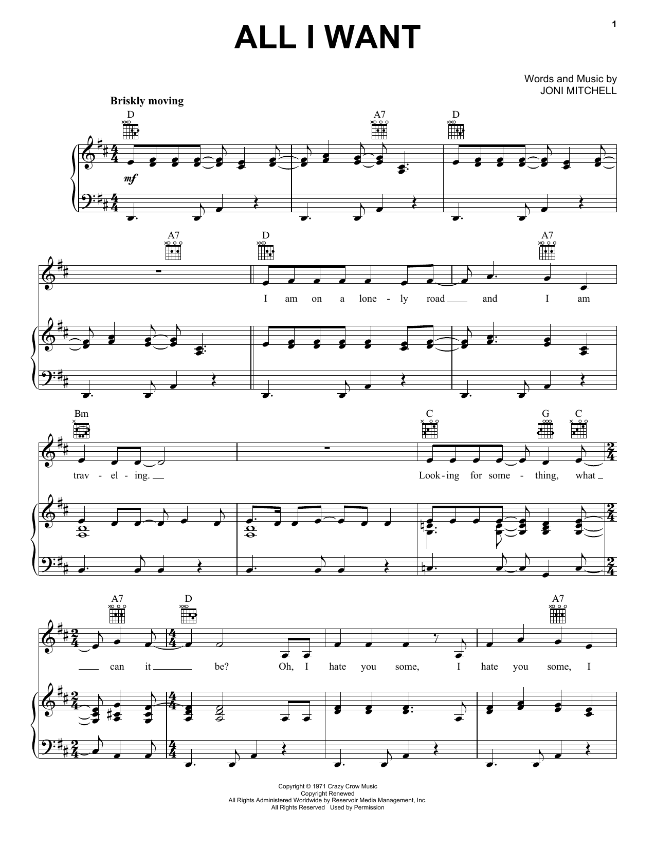 Joni Mitchell All I Want sheet music notes and chords. Download Printable PDF.