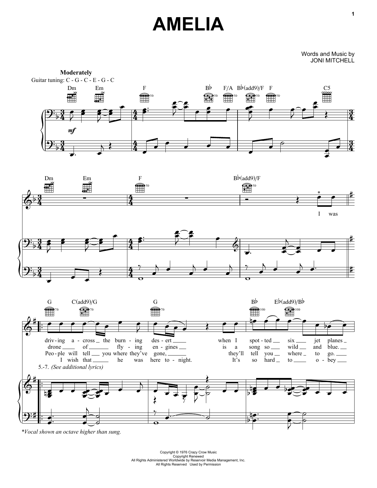 Joni Mitchell Amelia sheet music notes and chords. Download Printable PDF.