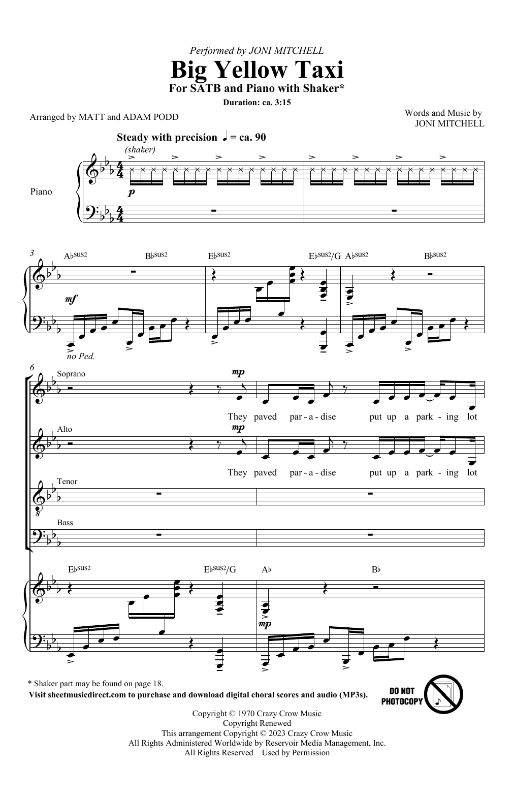 Joni Mitchell Big Yellow Taxi (arr. Adam and Matt Podd) sheet music notes and chords. Download Printable PDF.