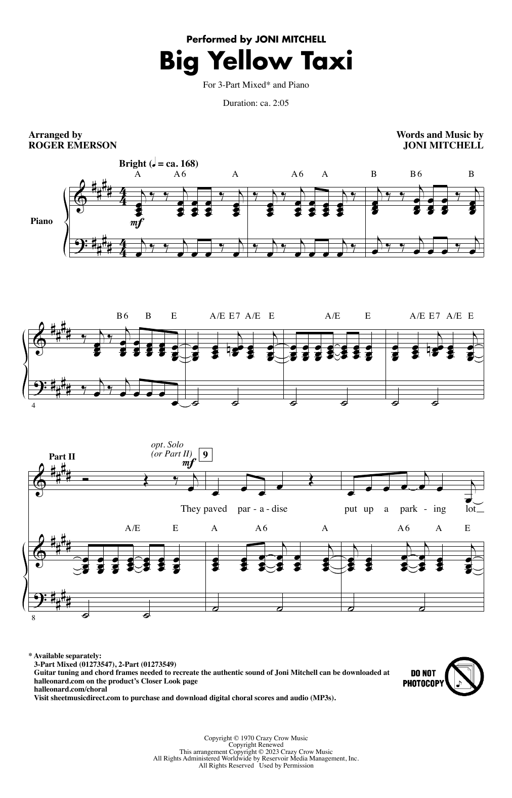 Joni Mitchell Big Yellow Taxi (arr. Roger Emerson) sheet music notes and chords. Download Printable PDF.