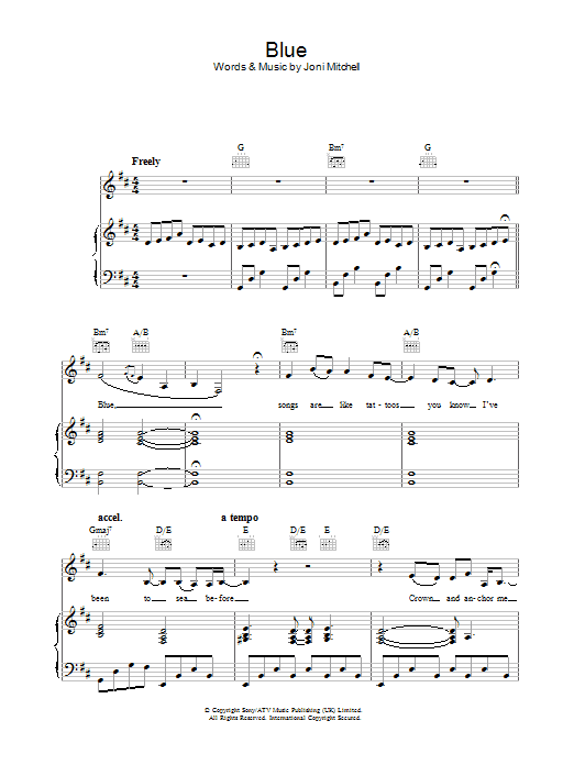 Joni Mitchell Blue sheet music notes and chords. Download Printable PDF.